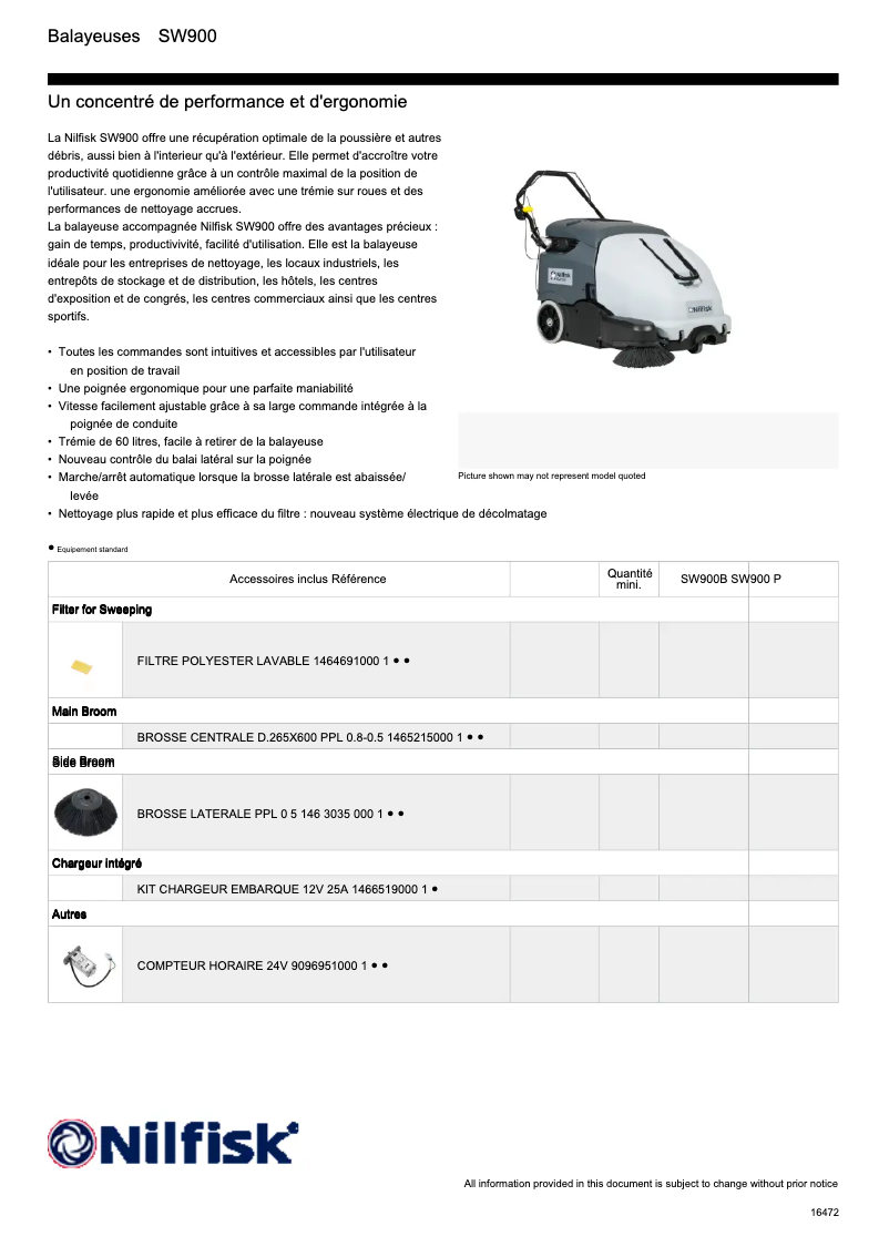 Page 1 de la notice Fiche technique Nilfisk SW900
