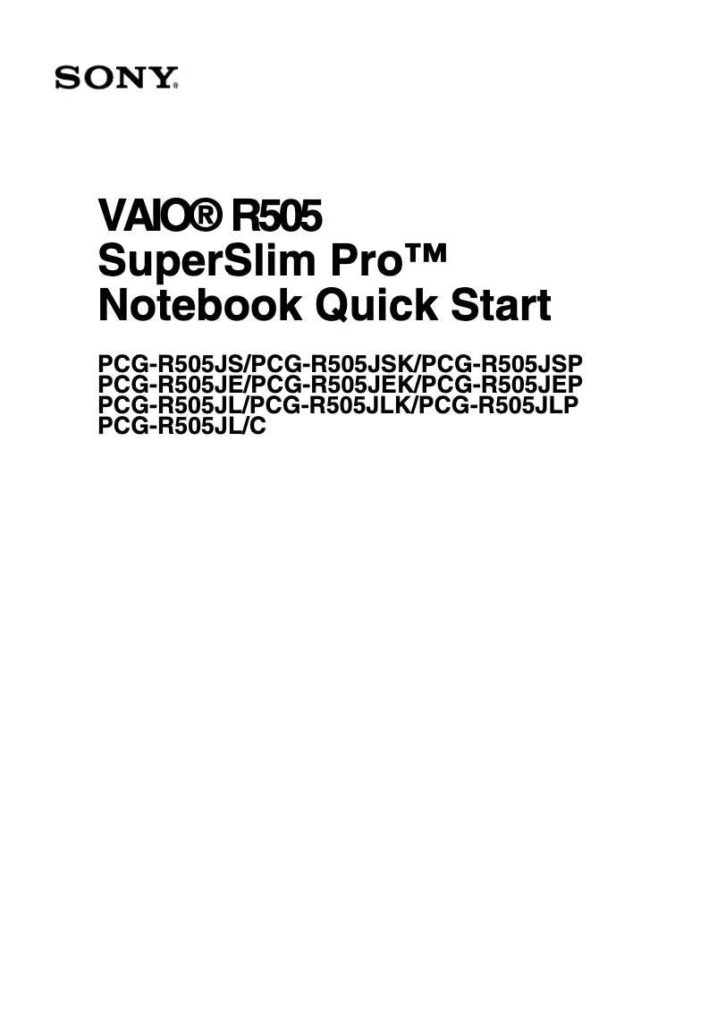 Page n°1 - Guide d'installation Sony Vaio PCG-R505JL