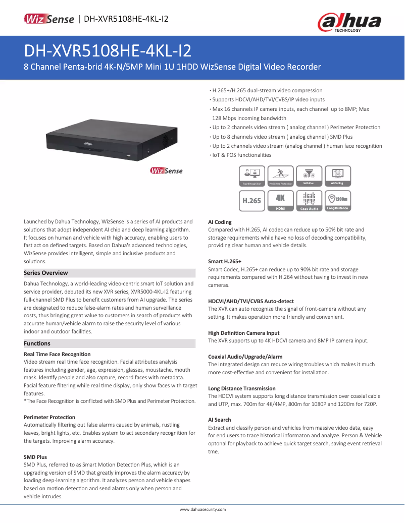 Page n°1 - Fiche technique Dahua Technology XVR5108HE-4KL-I2