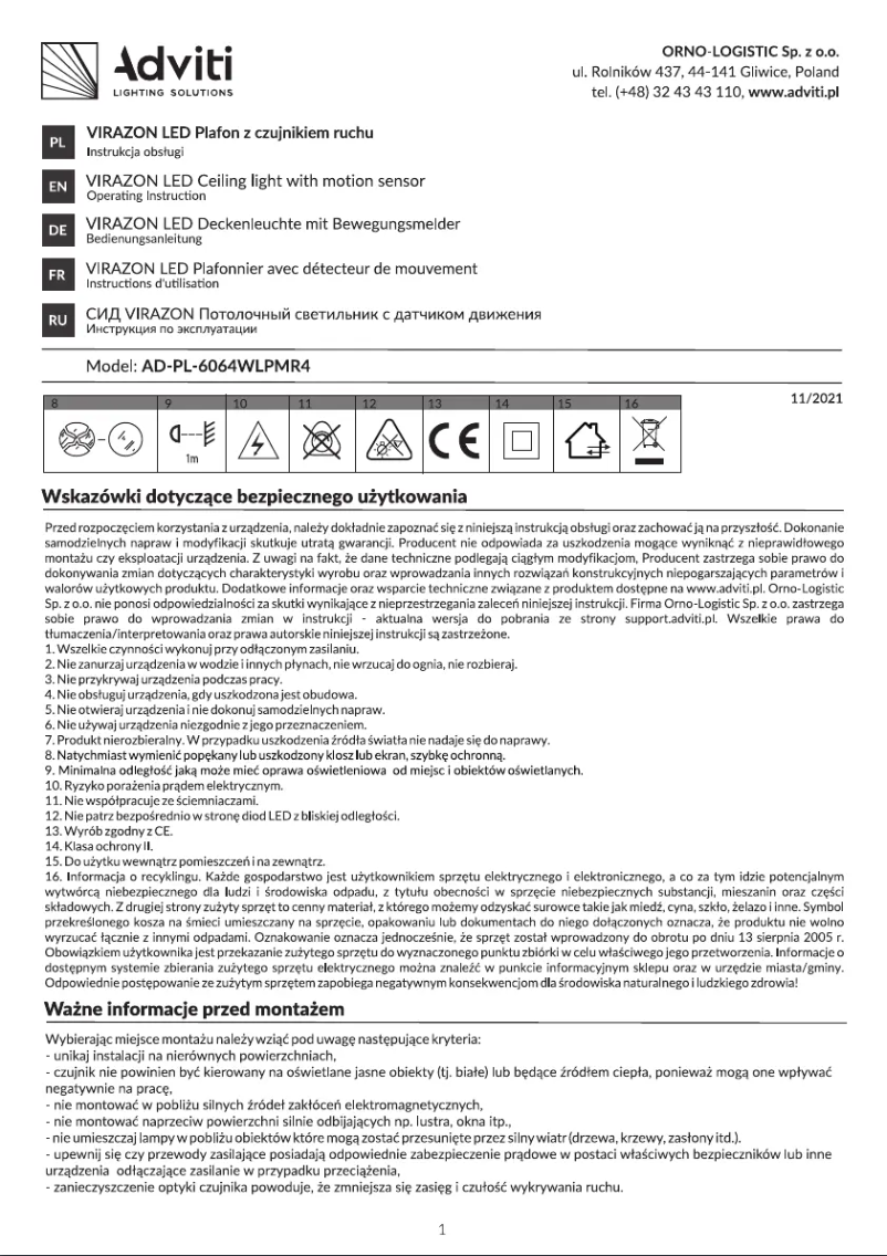 Page 1 de la notice Manuel utilisateur Adviti AD-PL-6064WLPMR4
