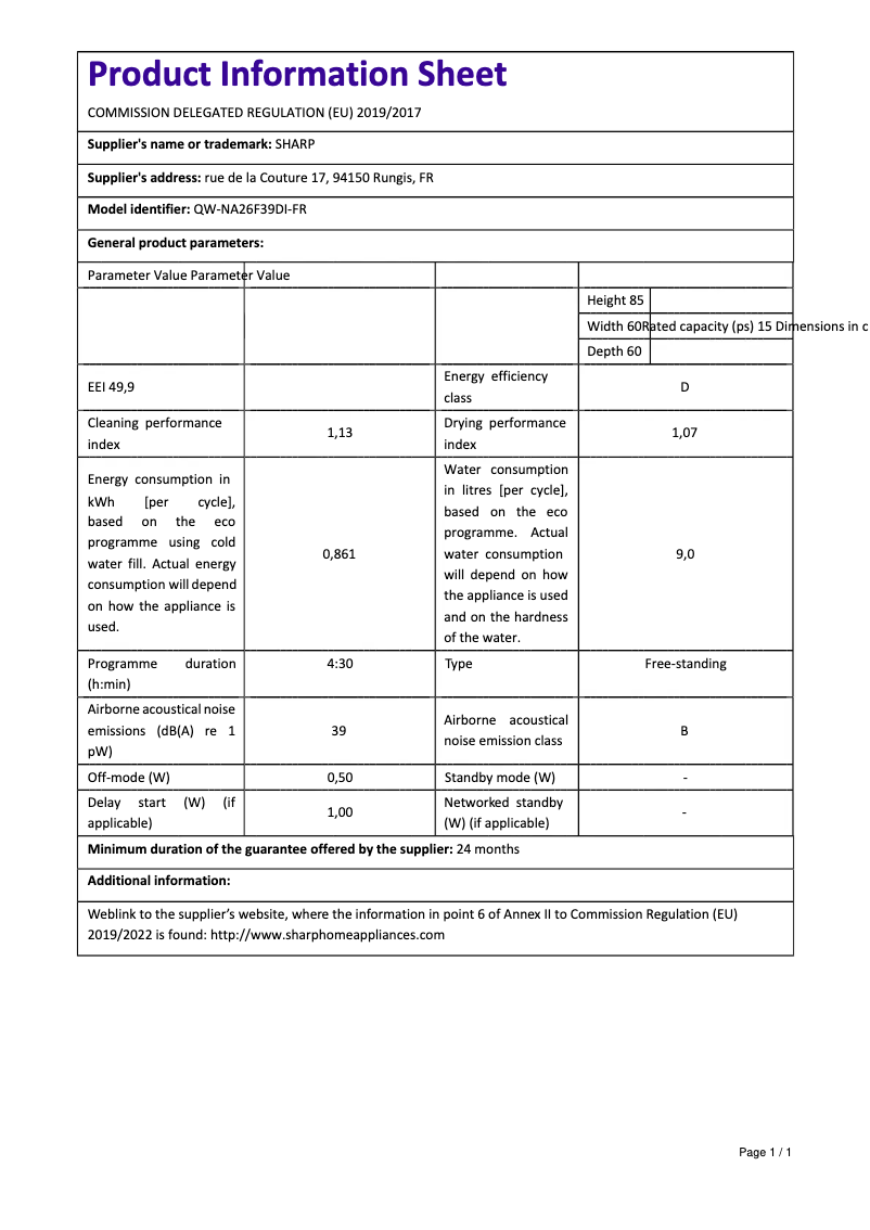 Page n°1 - Manuel utilisateur Sharp QW-NA26F39DI-FR