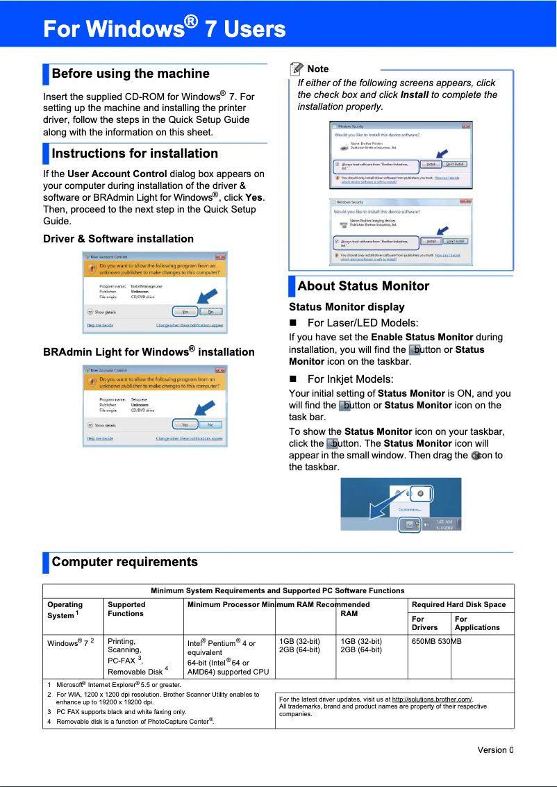 Page 1 de la notice Guide d'installation Brother DCP-385C