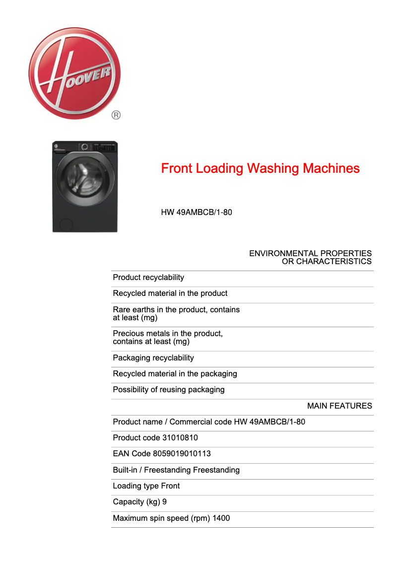 Page n°1 - Fiche technique Hoover H-WASH 500 HW 49AMBCB/1-80
