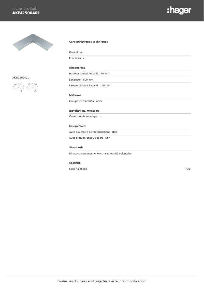 Page n°1 - Fiche technique Hager AKBI2500401