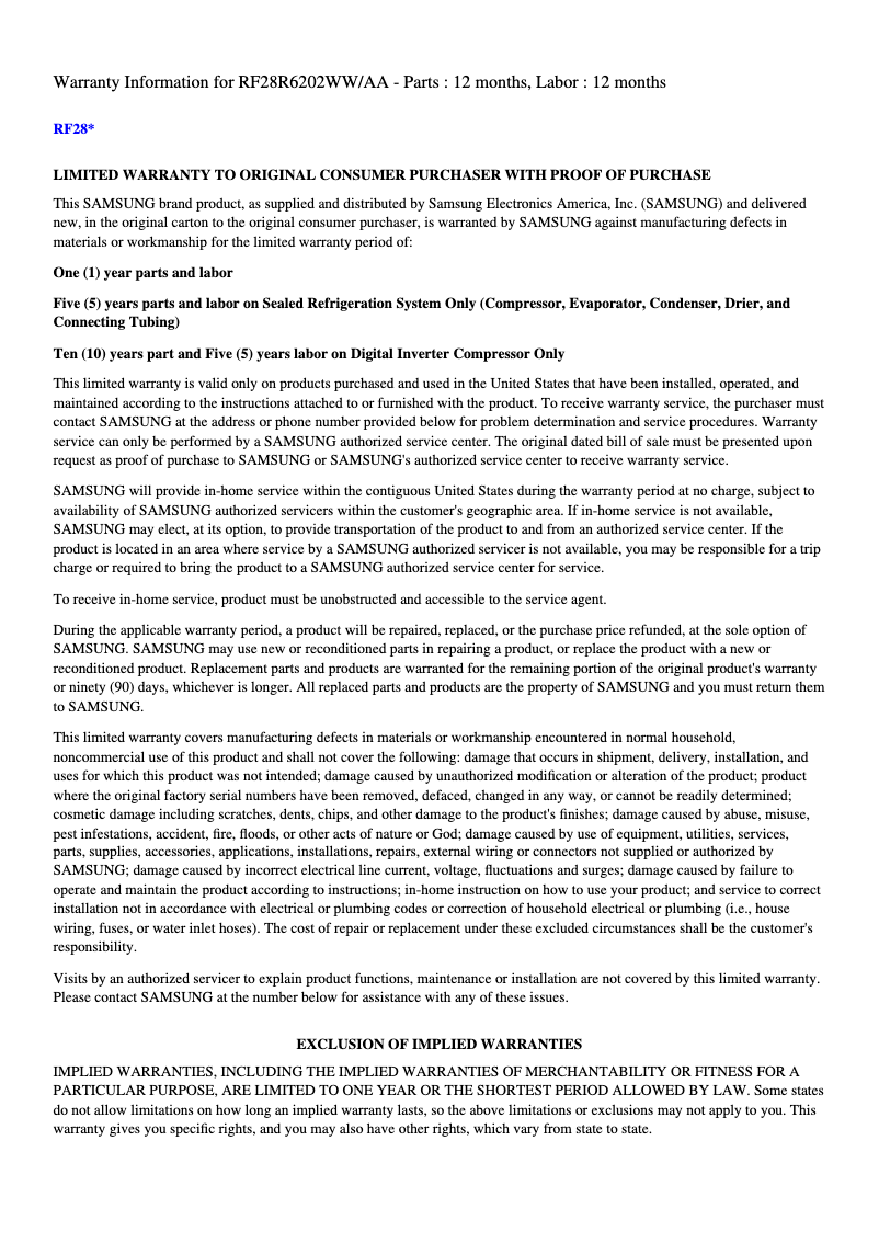 Page 1 de la notice Informations de garantie Samsung RF28R6201SG