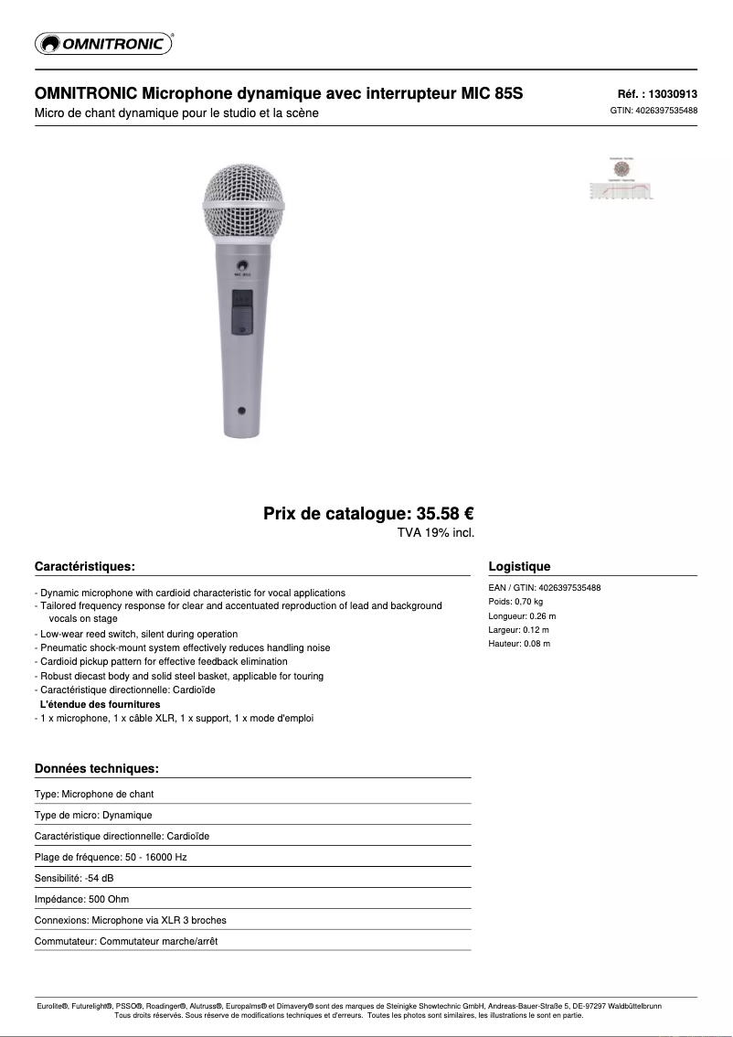 Page n°1 - Fiche technique Omnitronic MIC 85S