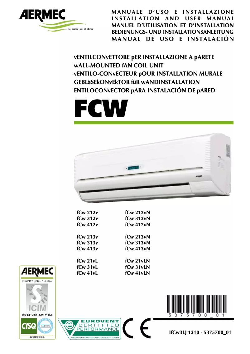 Página 1 del manual Manual de usuario Aermec FCW 312VN