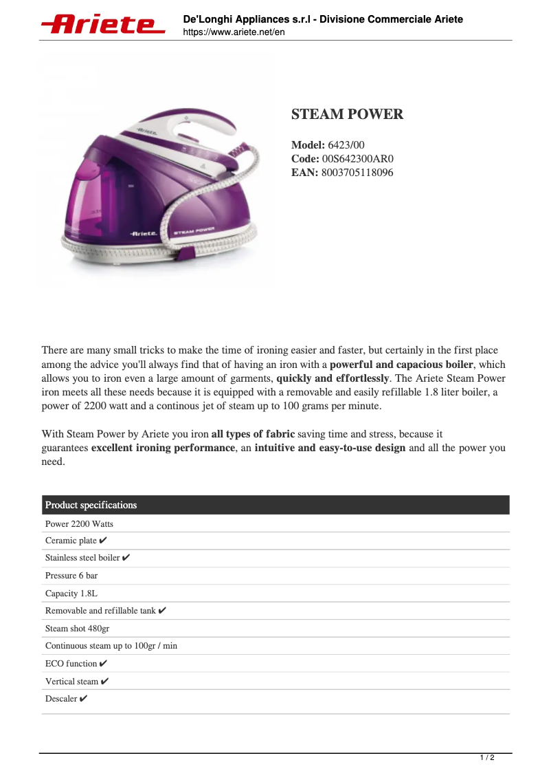 Page 1 de la notice Fiche technique Ariete Steam Power 6423