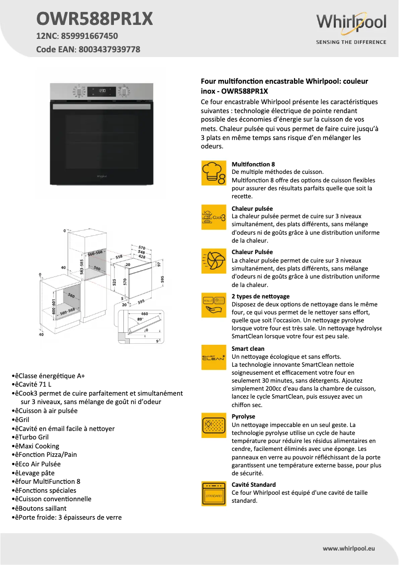 Page 1 de la notice Fiche technique Whirlpool OWR588PR1X