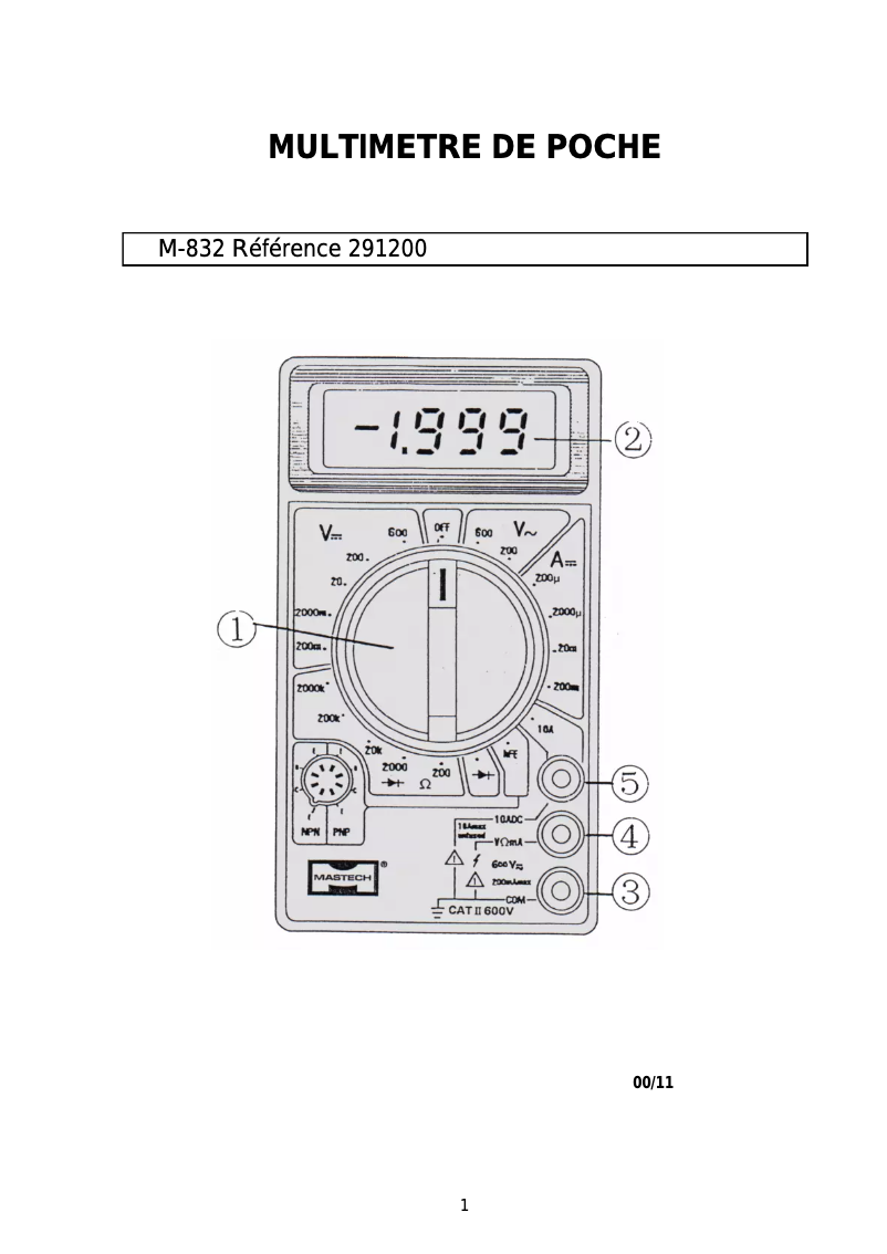 Page n°1 - Manuel utilisateur Mastech M-832