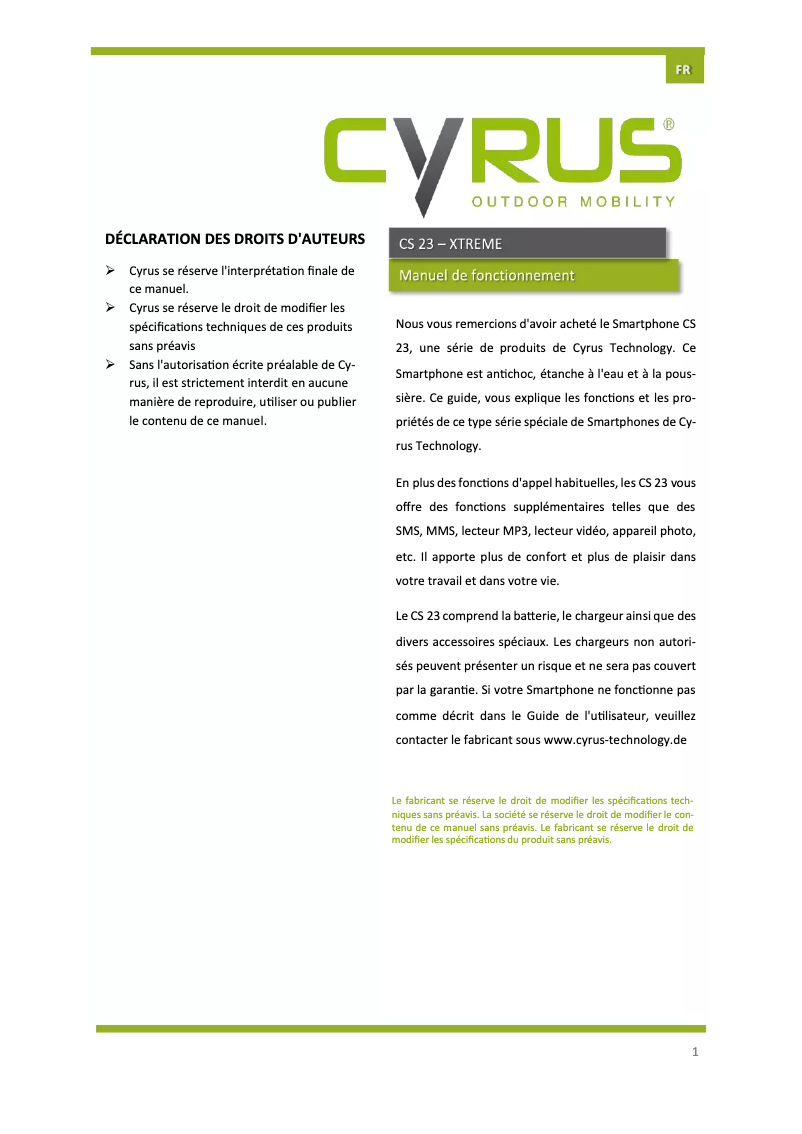 Image de la première page du manuel de l'appareil CS23 Xtreme