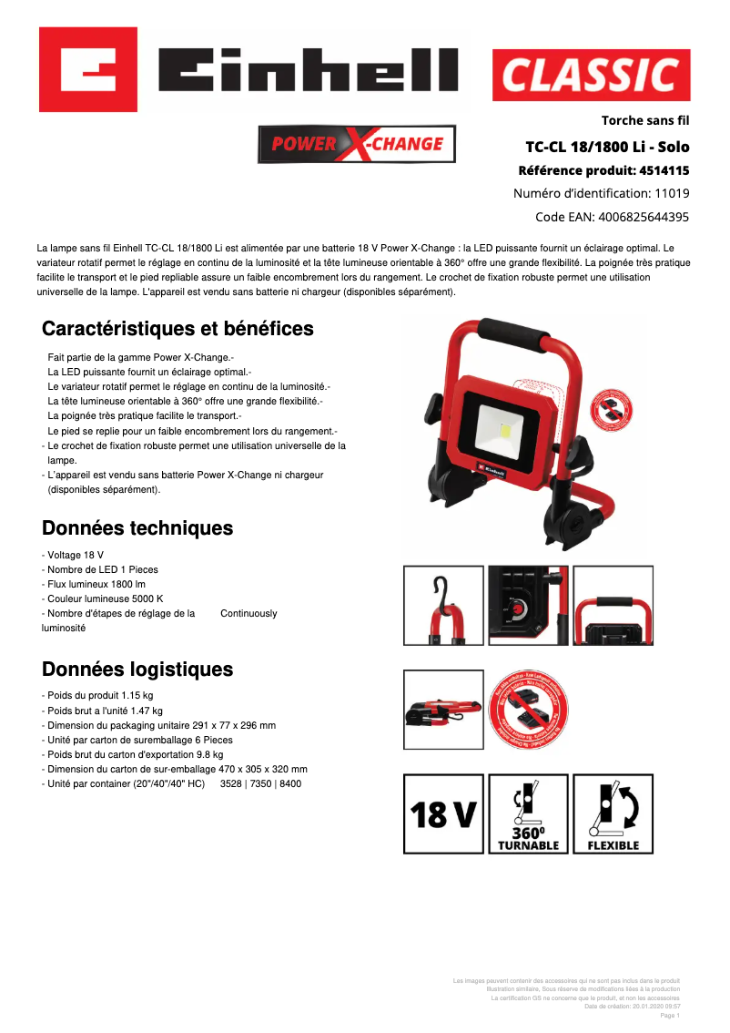 Page n°1 - Fiche technique Einhell TC-CL 18/1800 Li - Solo