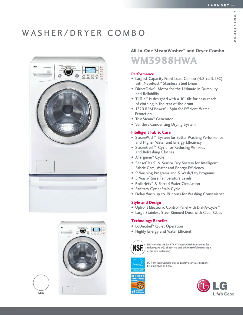 Page 1 de la notice Fiche technique LG WD-13513RDA