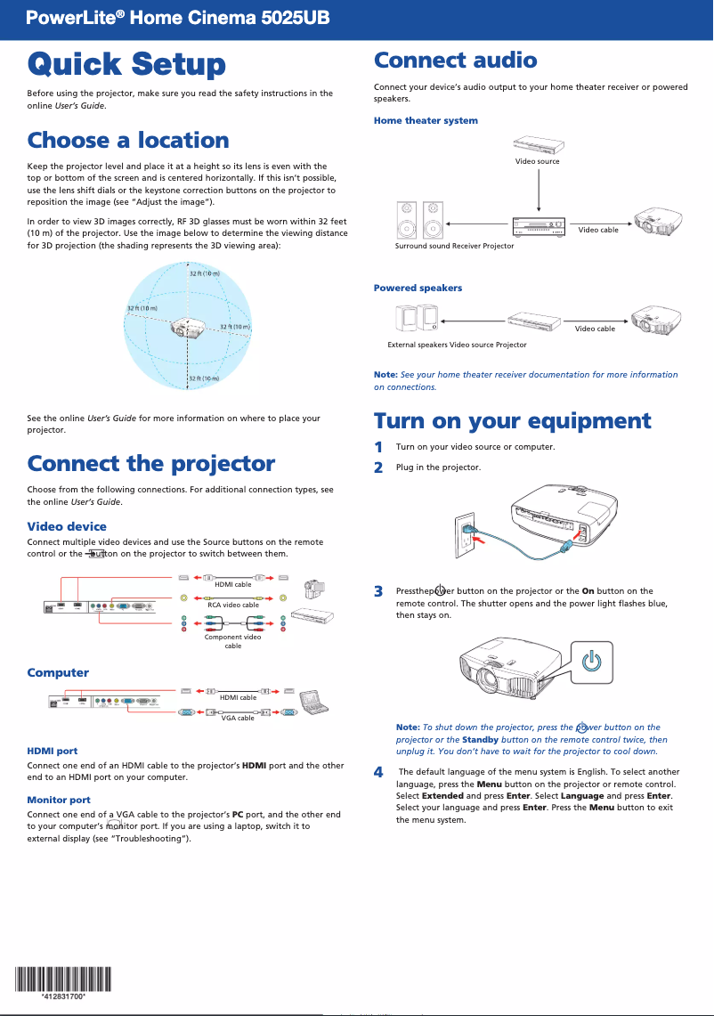 Page 1 de la notice Guide de démarrage rapide Epson PowerLite 5025UB