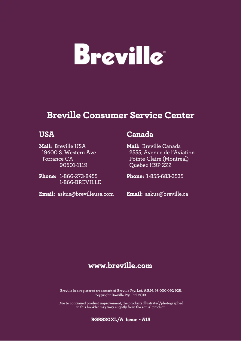 Page 1 de la notice Manuel utilisateur Breville the Smart Grill BGR820