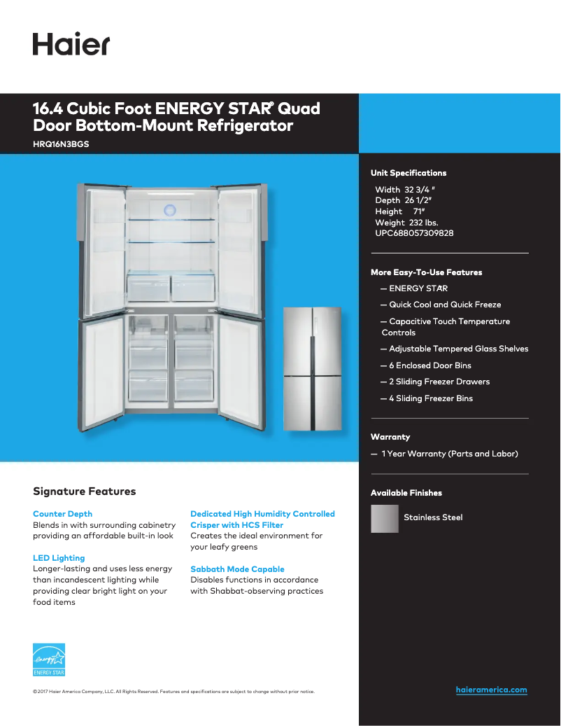 Page n°1 - Fiche technique Haier HRQ16N3BGS