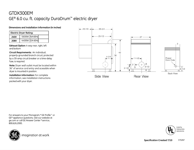 Page n°1 - Fiche technique GE DuraDrum GTDX300EMWS