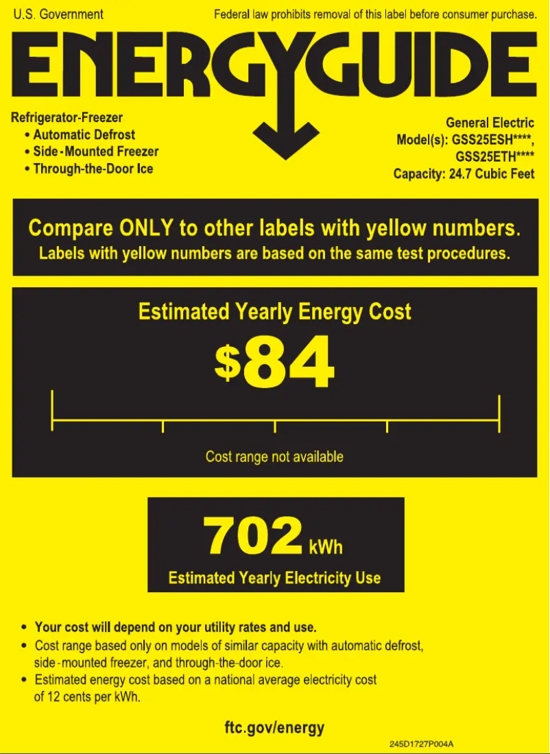 Page 1 de la notice Label énergétique GE GSS25ETHBB