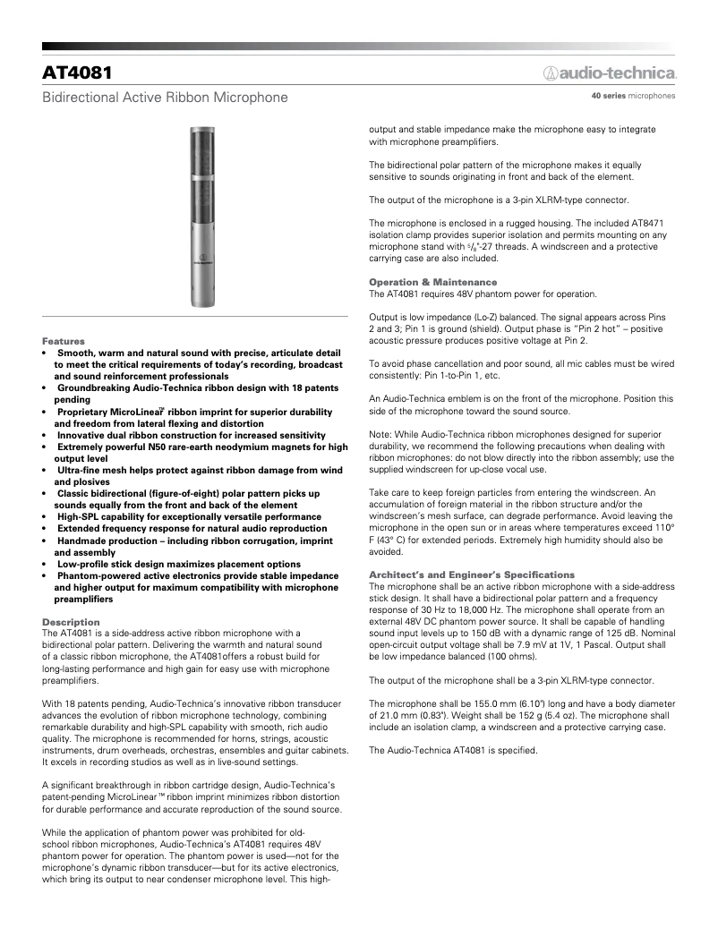 Page 1 de la notice Manuel utilisateur Audio-Technica AT4081