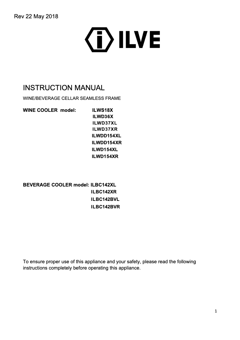 Page 1 de la notice Manuel utilisateur Ilve ILBC142BVL