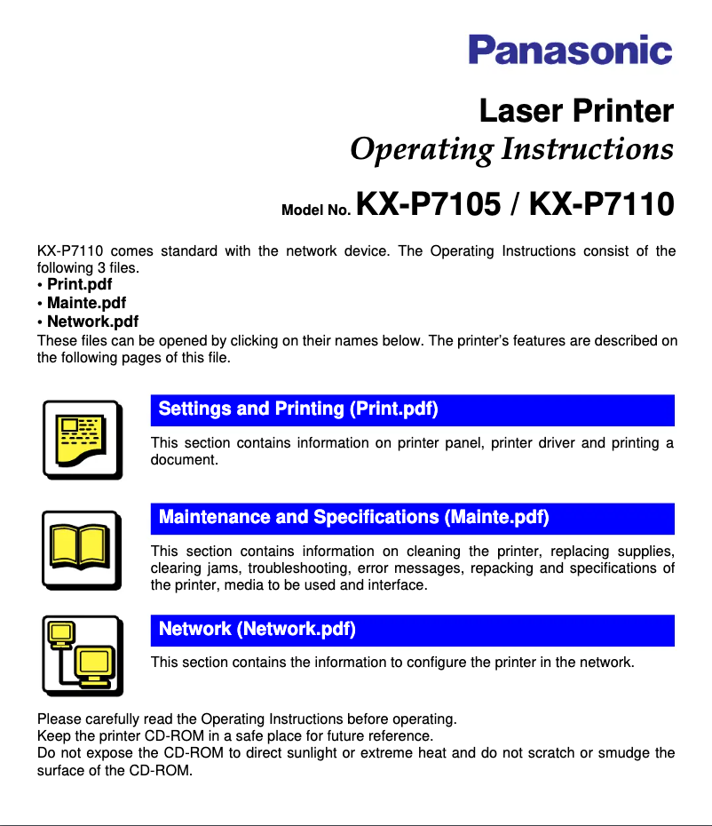 Page 1 de la notice Manuel utilisateur Panasonic KX-P7105