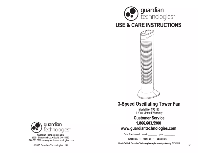 Page n°1 - Manuel utilisateur PureGuardian TF2113B