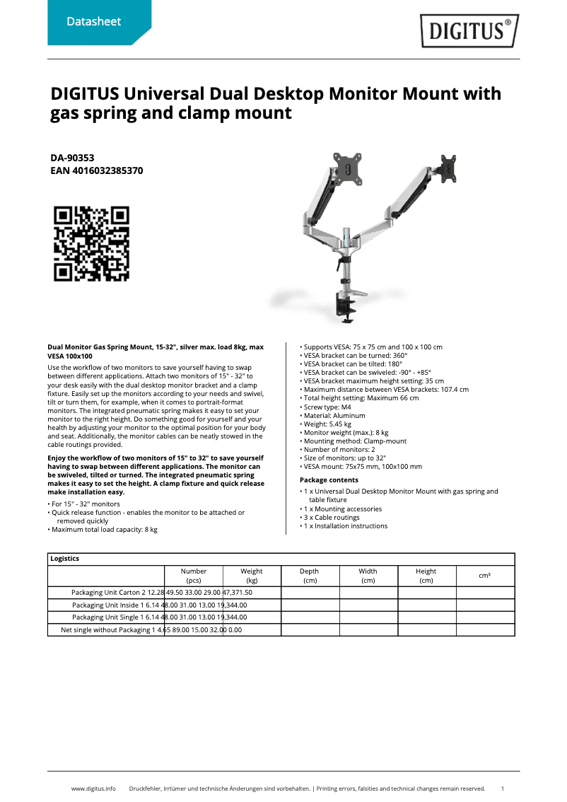 Page 1 de la notice Fiche technique Digitus DA-90353