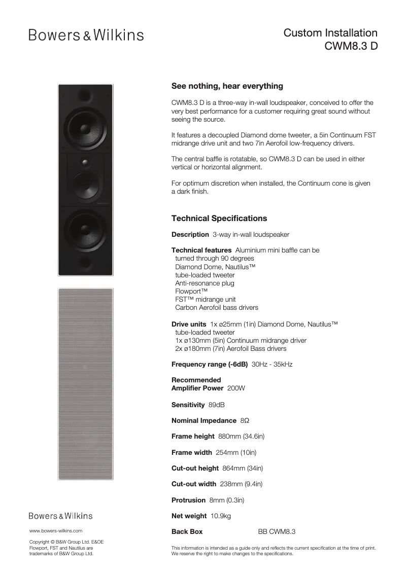 Page 1 de la notice Dessin technique Bowers & Wilkins CWM652