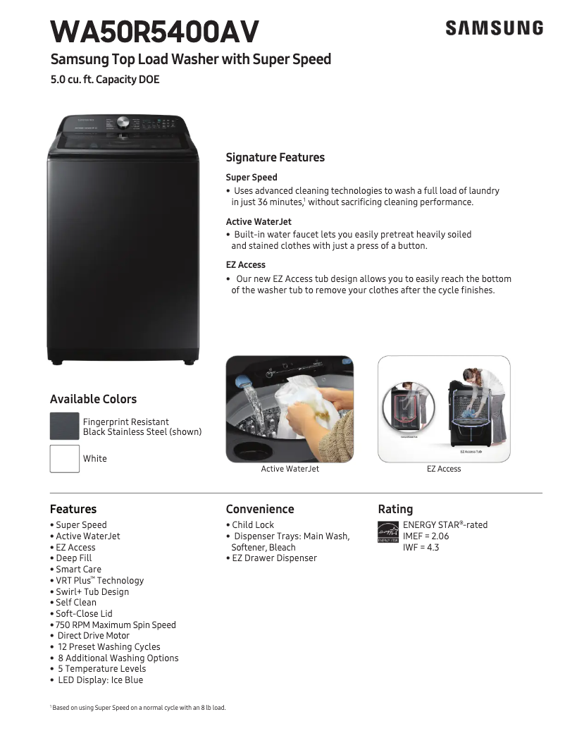 Page 1 de la notice Fiche technique Samsung WA50R5400AW