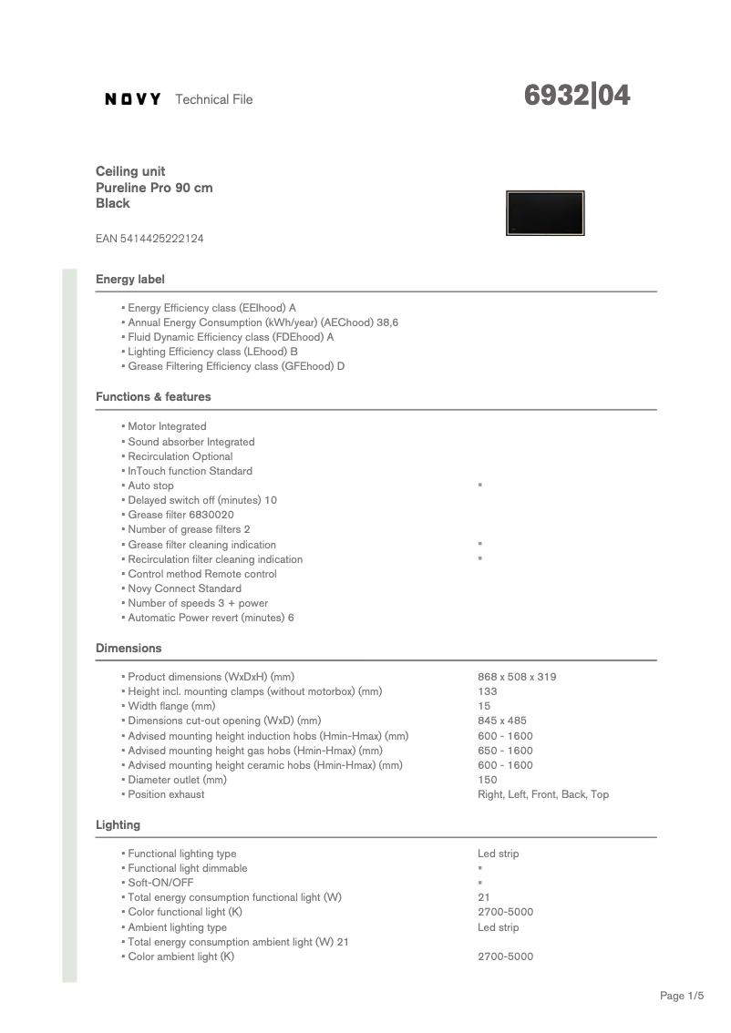 Page 1 de la notice Fiche technique Novy Pureline Pro 6932
