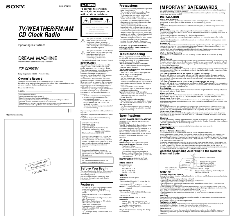 Page 1 de la notice Manuel utilisateur Sony ICF-CD863V
