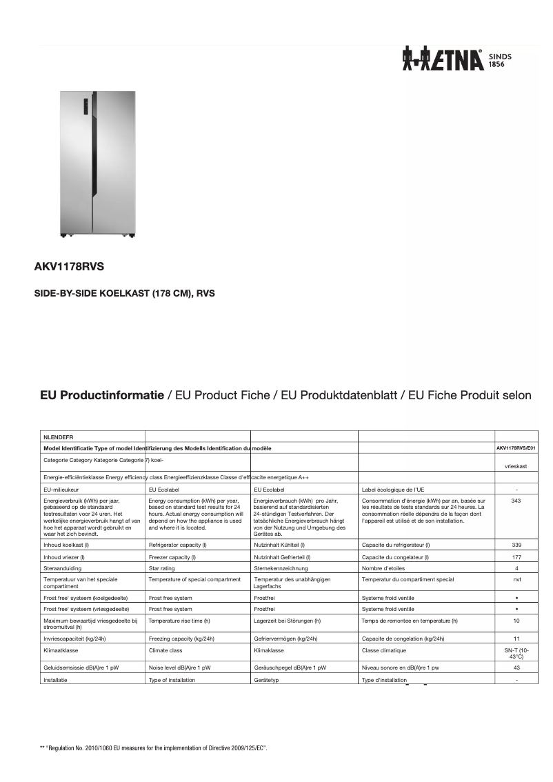 Page 1 de la notice Fiche technique Etna AKV1178RVS