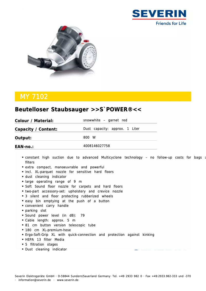 Page 1 de la notice Fiche technique Severin S'Power MY 7102