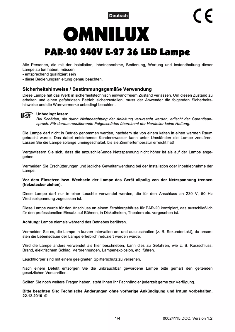 Page 1 de la notice Manuel utilisateur Omnilux PAR-20
