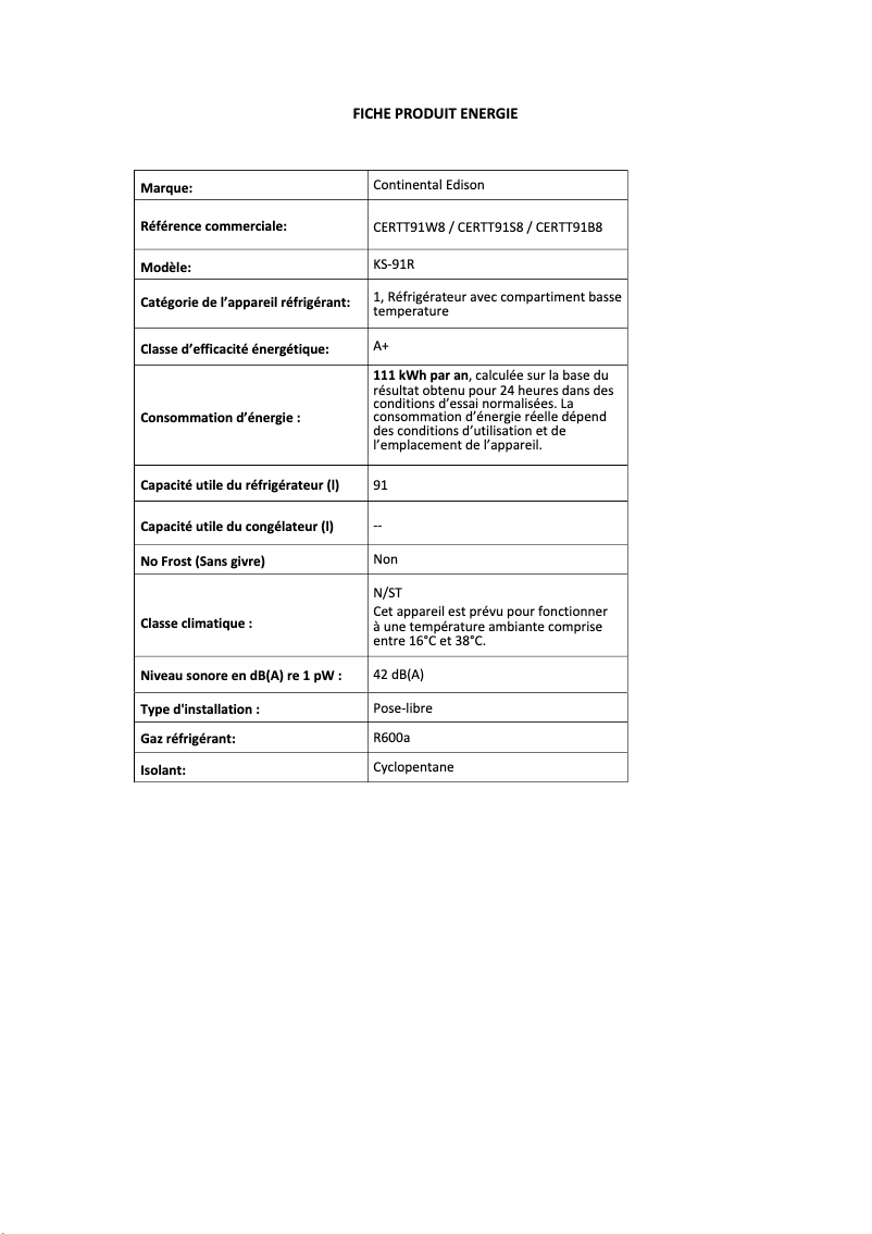 Page n°1 - Label énergétique Continental Edison CERTT91S8
