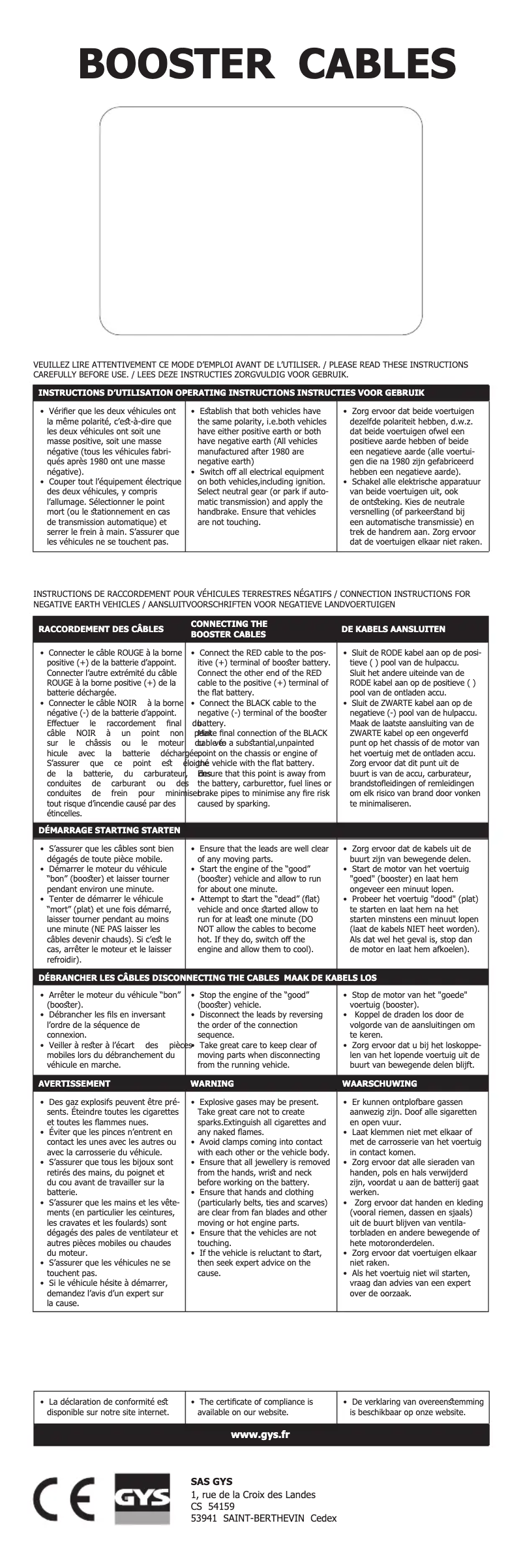 Page 1 de la notice Manuel utilisateur GYS Jump Leads PRO 1000A