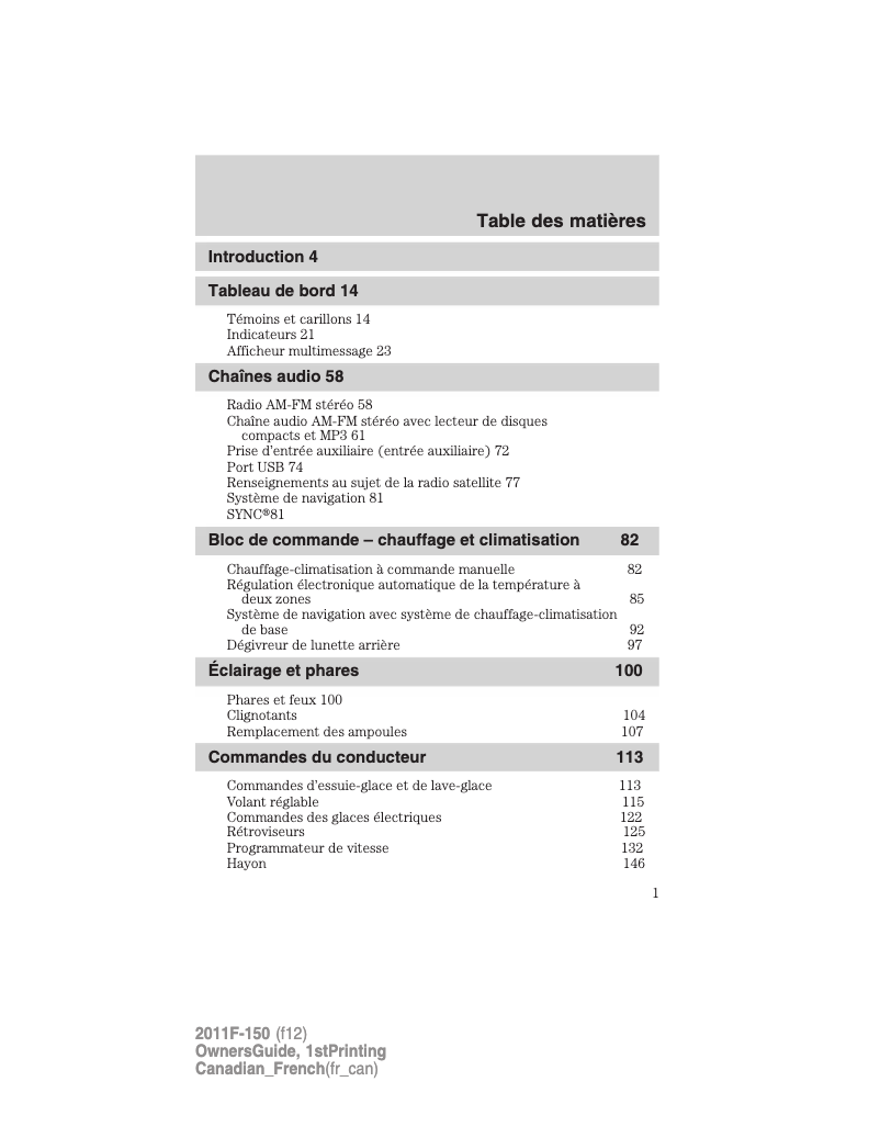 Image de la première page du manuel de l'appareil F-150 (2011)