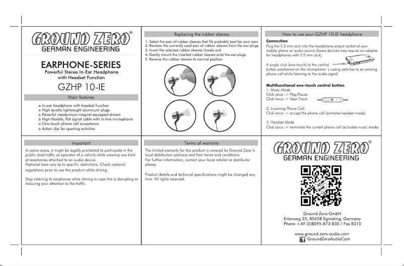 Page 1 de la notice Manuel utilisateur Ground Zero GZHP 10-IE