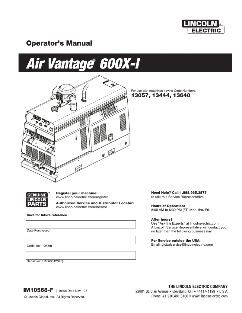 Page 1 de la notice Manuel utilisateur Lincoln Electric Air Vantage 600X-I