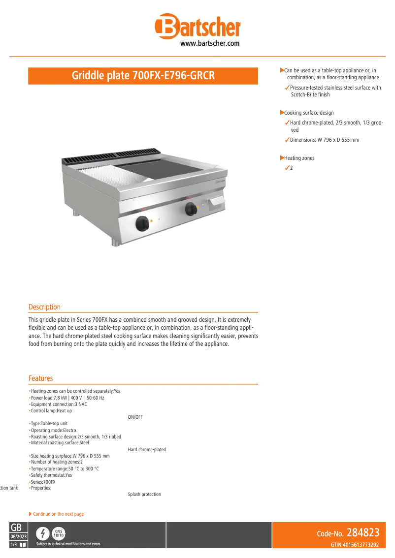 Page n°1 - Fiche technique Bartscher 700FX-E796-GRCR