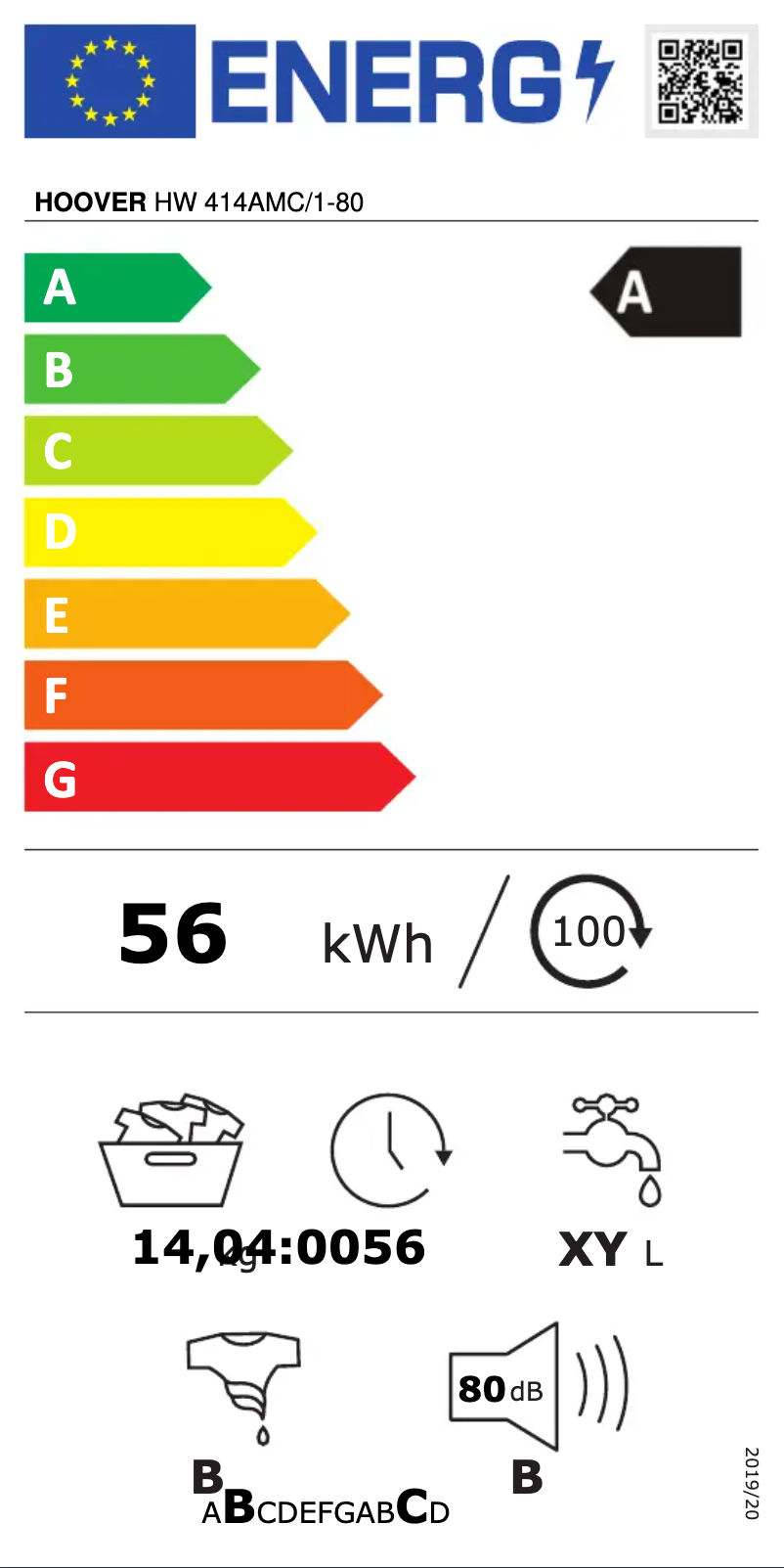 Page n°1 - Label énergétique Hoover H-WASH 500 HW 414AMC/1-80