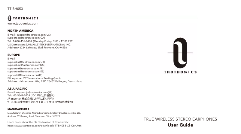 Page 1 de la notice Manuel utilisateur TaoTronics TT-BH053