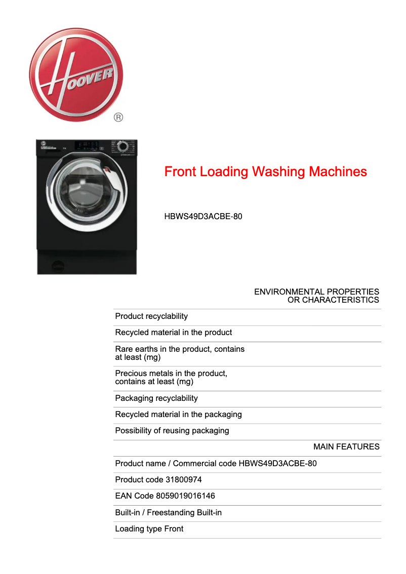 Page 1 de la notice Fiche technique Hoover H-WASH 300 LITE HBWS49D3ACBE-80