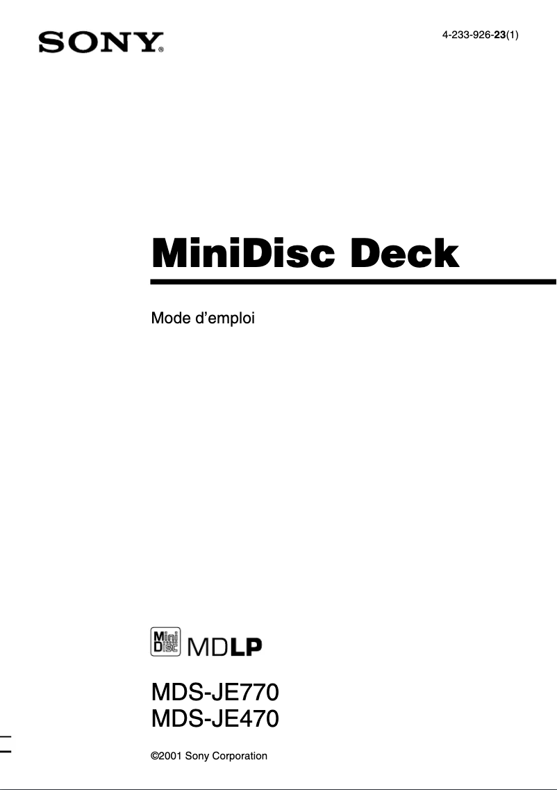 Page 1 de la notice Manuel utilisateur Sony MDS-JE470