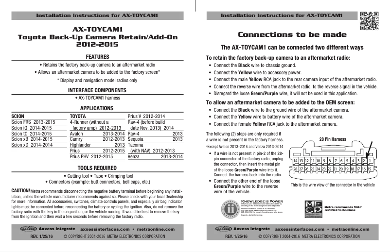 Page 1 de la notice Manuel utilisateur Axxess AX-TOYCAM1