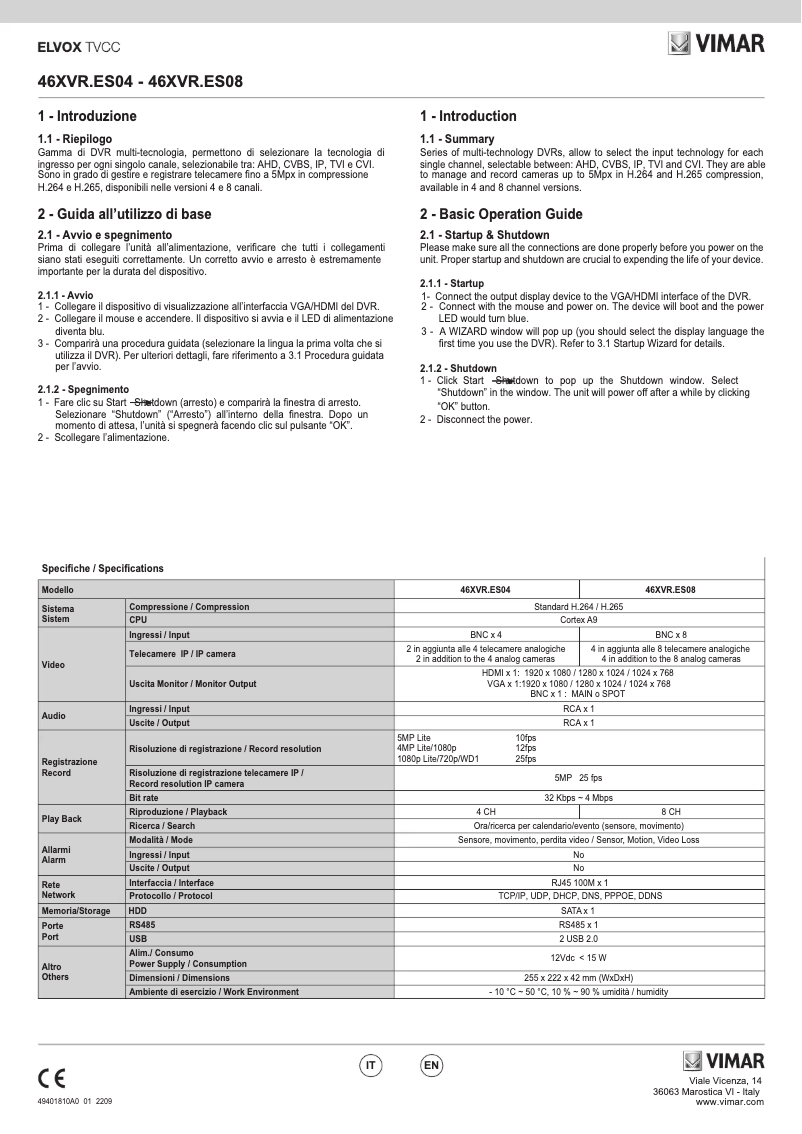 Page 1 de la notice Manuel utilisateur Vimar ELVOX 46XVR