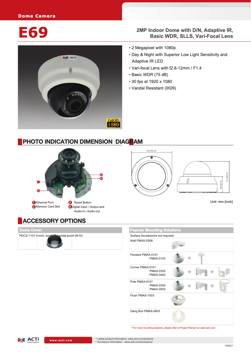 Page 1 de la notice Fiche technique ACTi E69