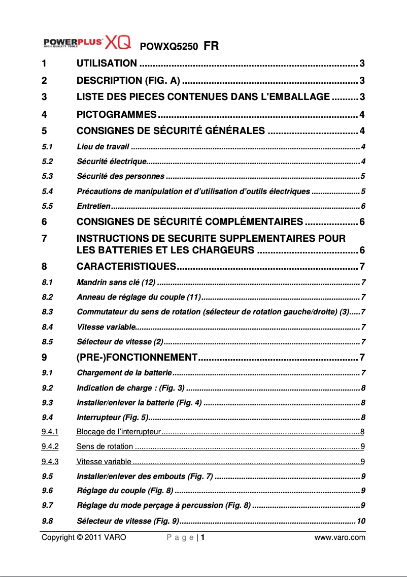 Image de la première page du manuel de l'appareil POWXQ5250