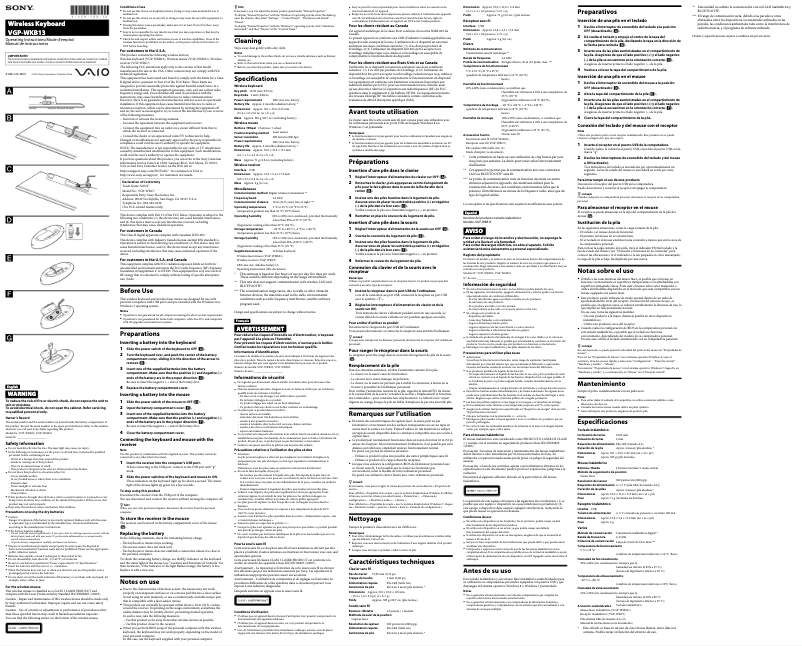 Page 1 de la notice Manuel utilisateur Sony VGP-WKB13