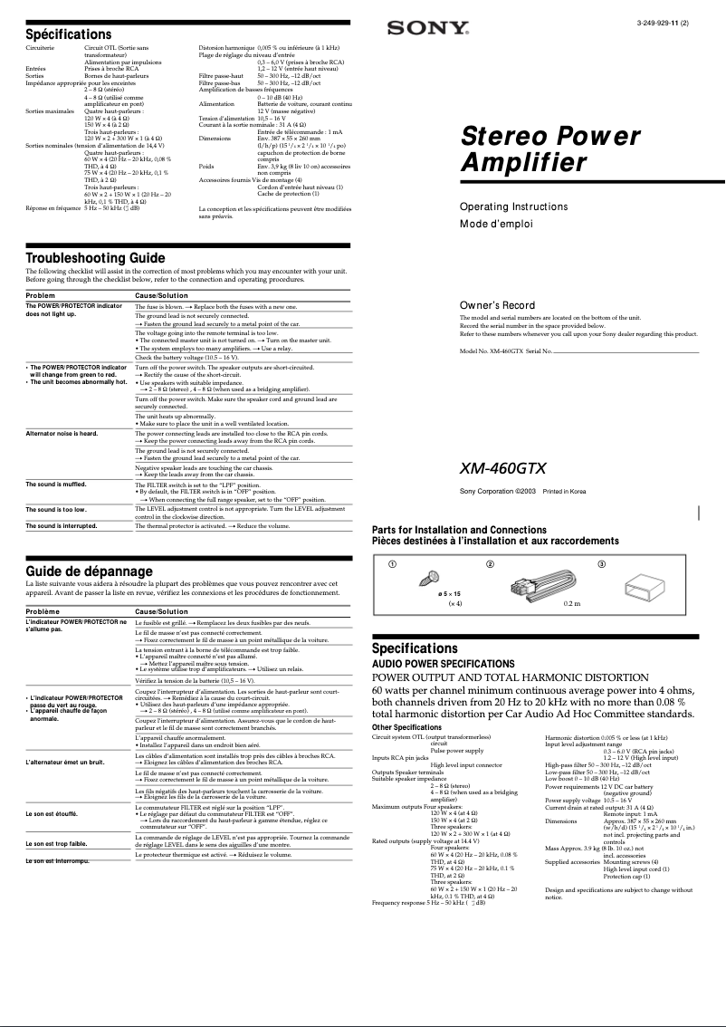 Page 1 de la notice Manuel utilisateur Sony XM-460GTX